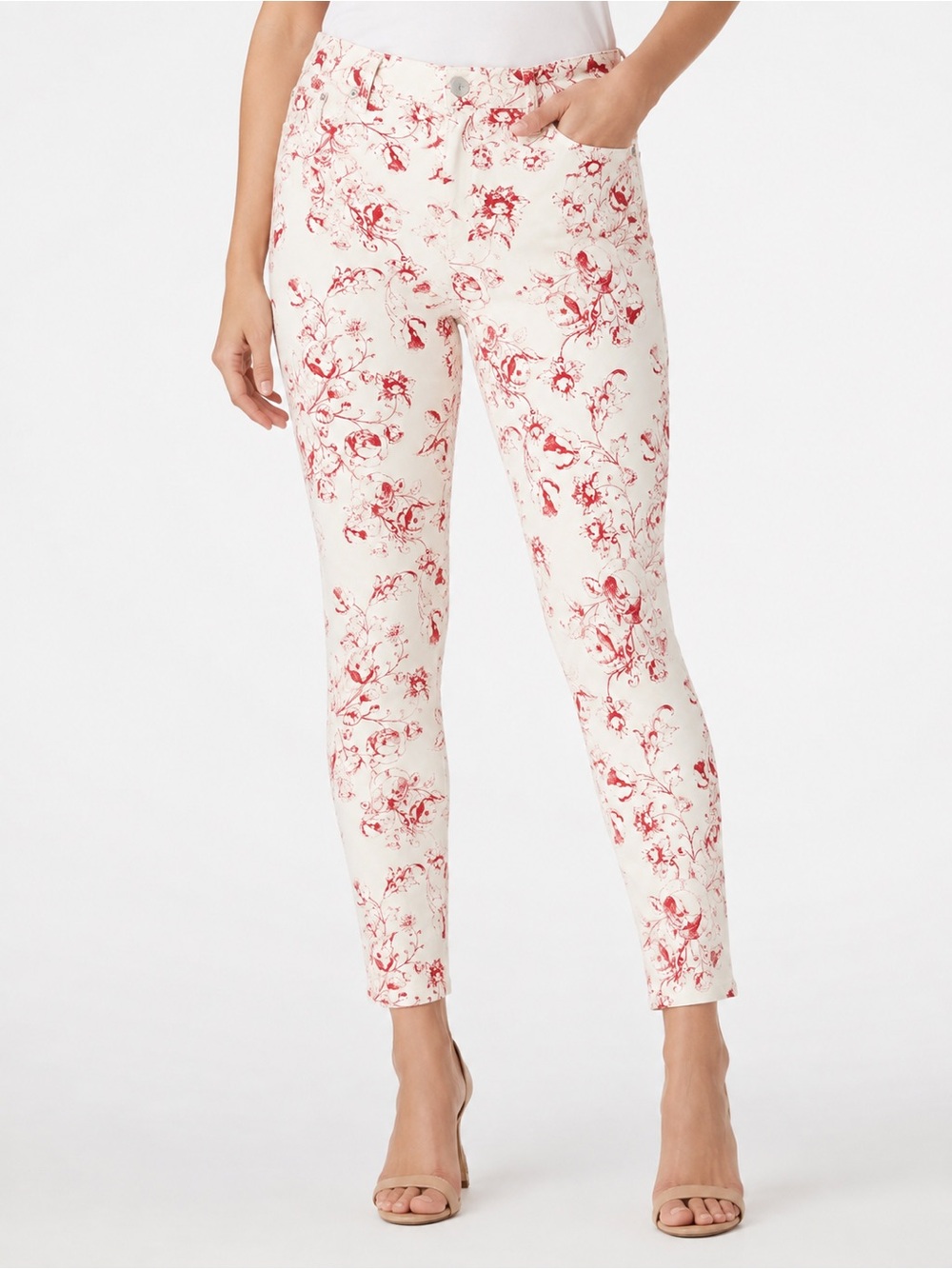 Liverpool Jeans Company Cream Skinny Floral Ankle Pants with Red Print